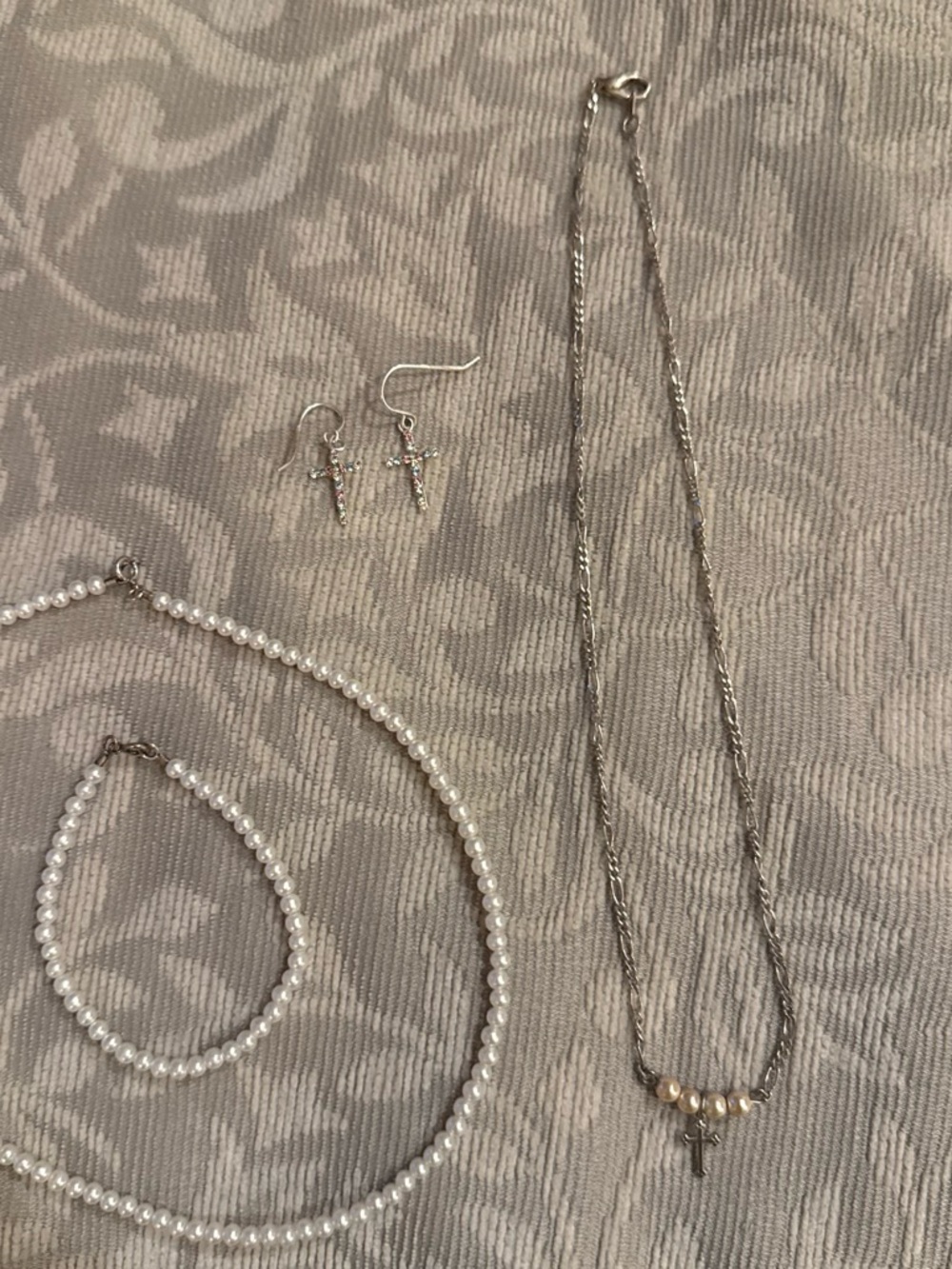 Pearl Bead Bracelet and Necklace Set with Silver Cross Pendant